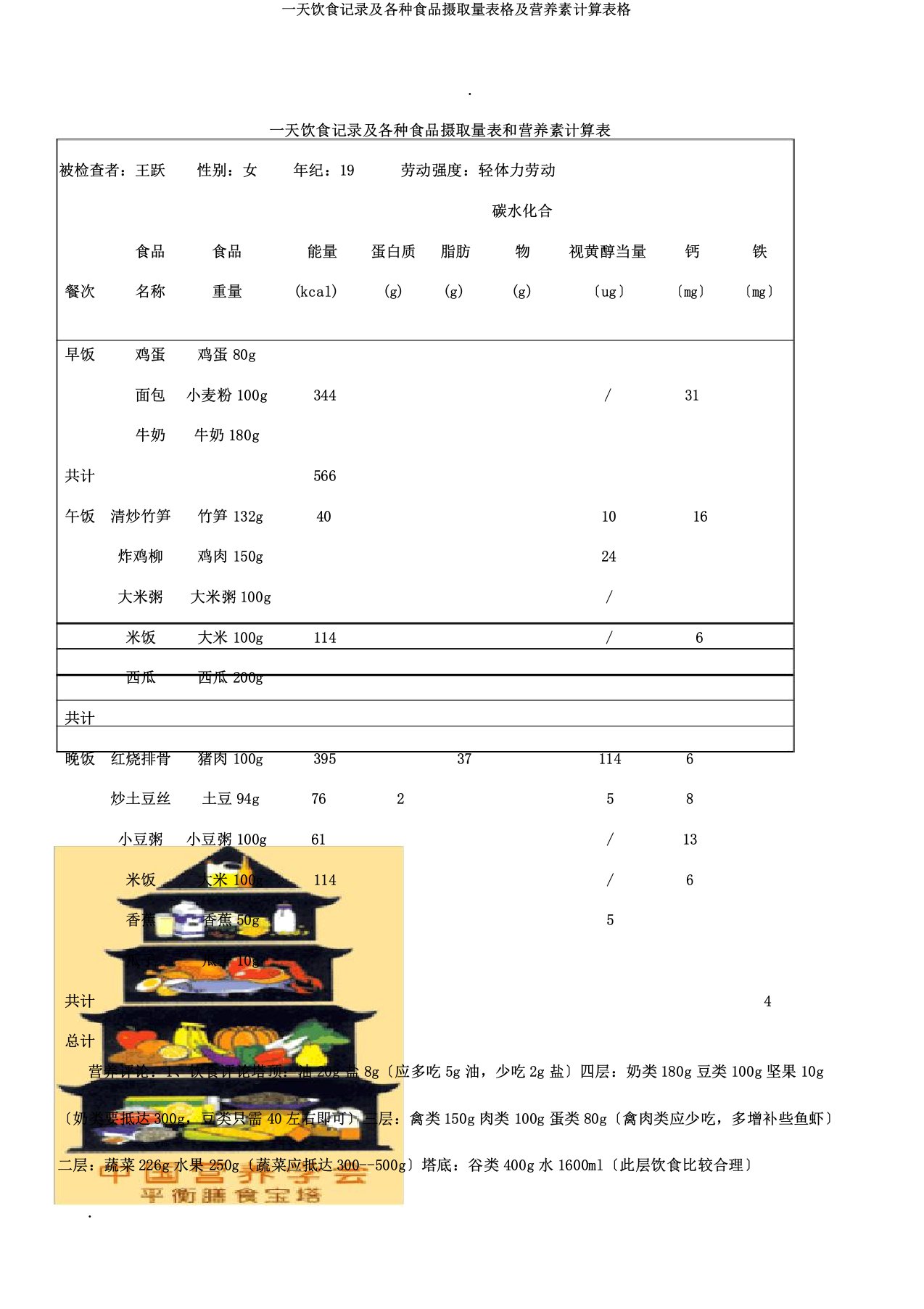 一天膳食记录及各类食物摄入量表格及营养素计算表格