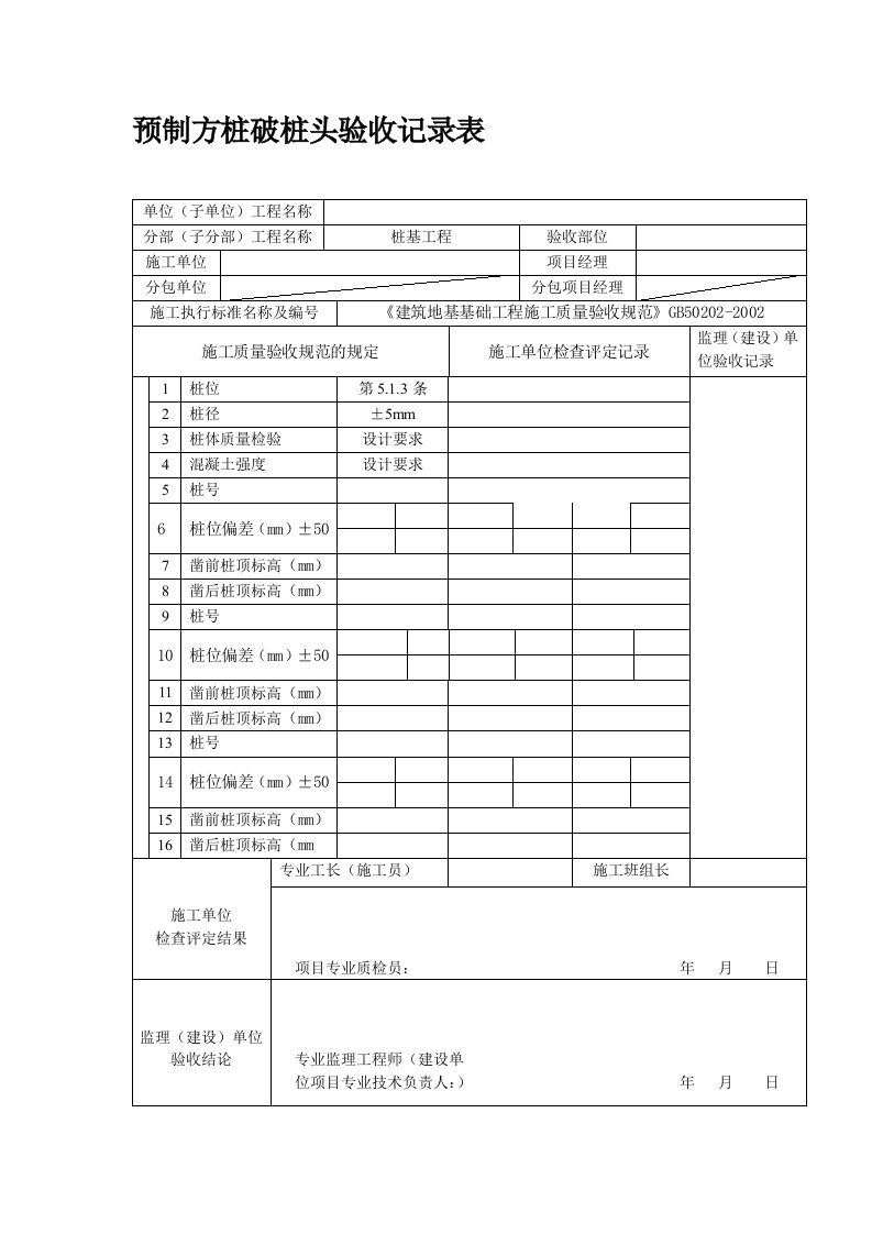 旋挖桩工程破桩头验收记录表