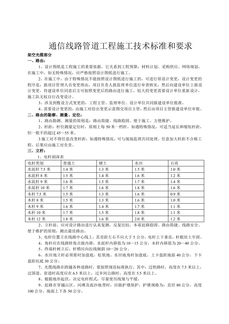 移动通信光缆线路工程施工技术标准及要求