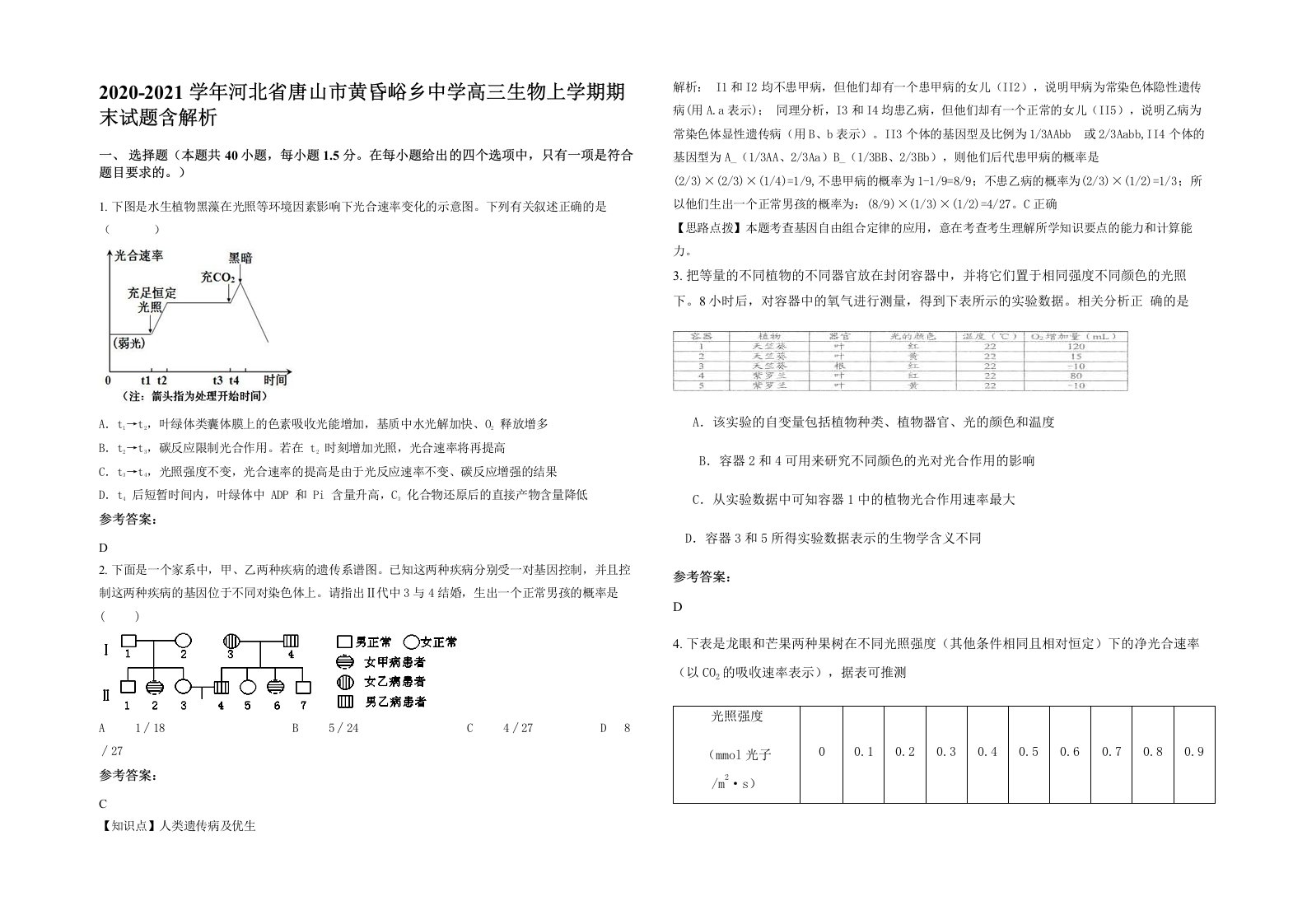 2020-2021学年河北省唐山市黄昏峪乡中学高三生物上学期期末试题含解析