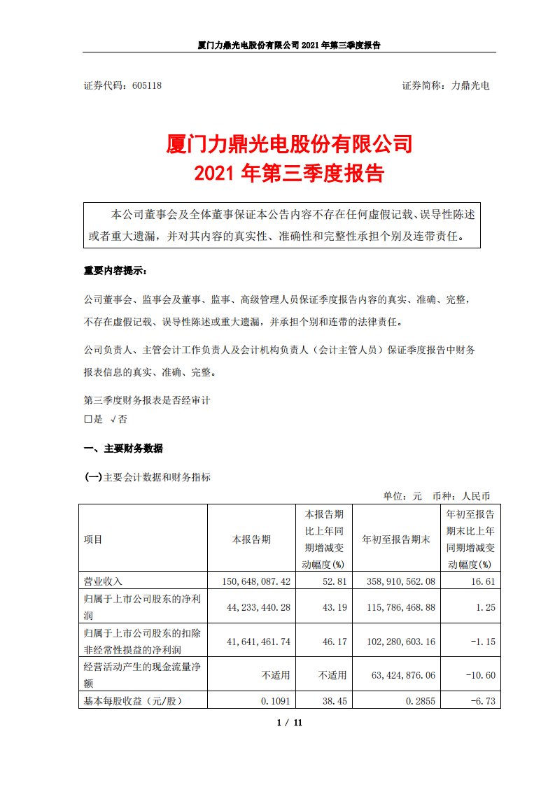 上交所-力鼎光电2021年第三季度报告-20211029