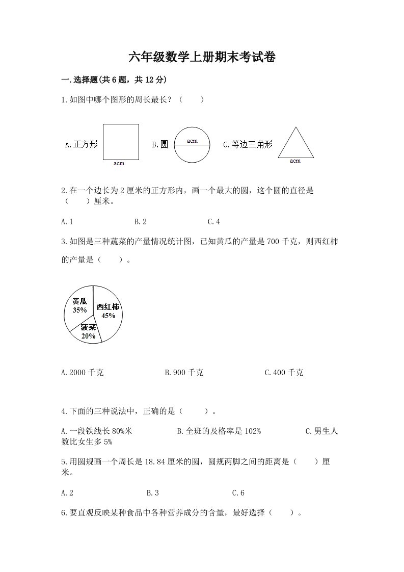 六年级数学上册期末考试卷及答案（各地真题）