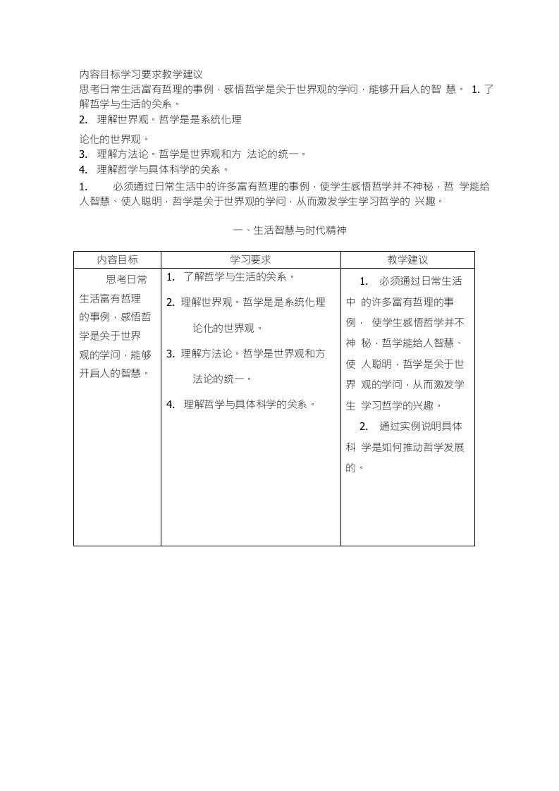 思想政治课程标准教学要求：必修4