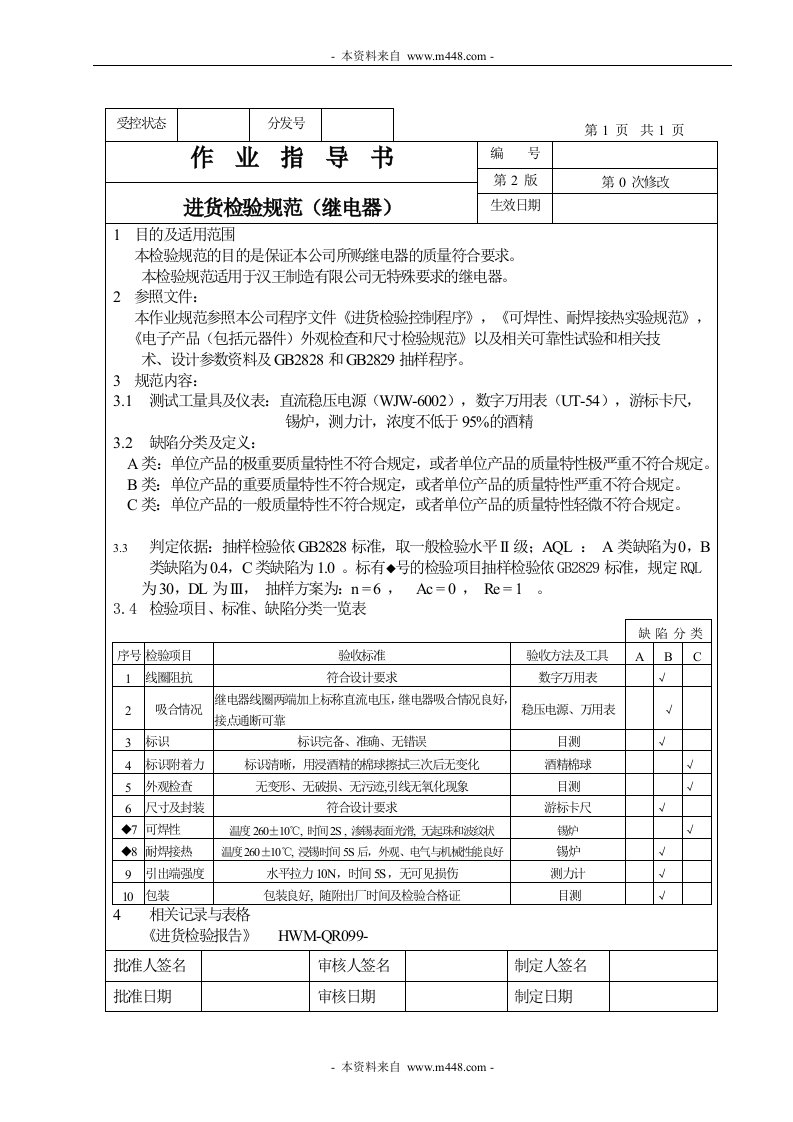 进货检验规范作业指导书（继电器）-作业指导