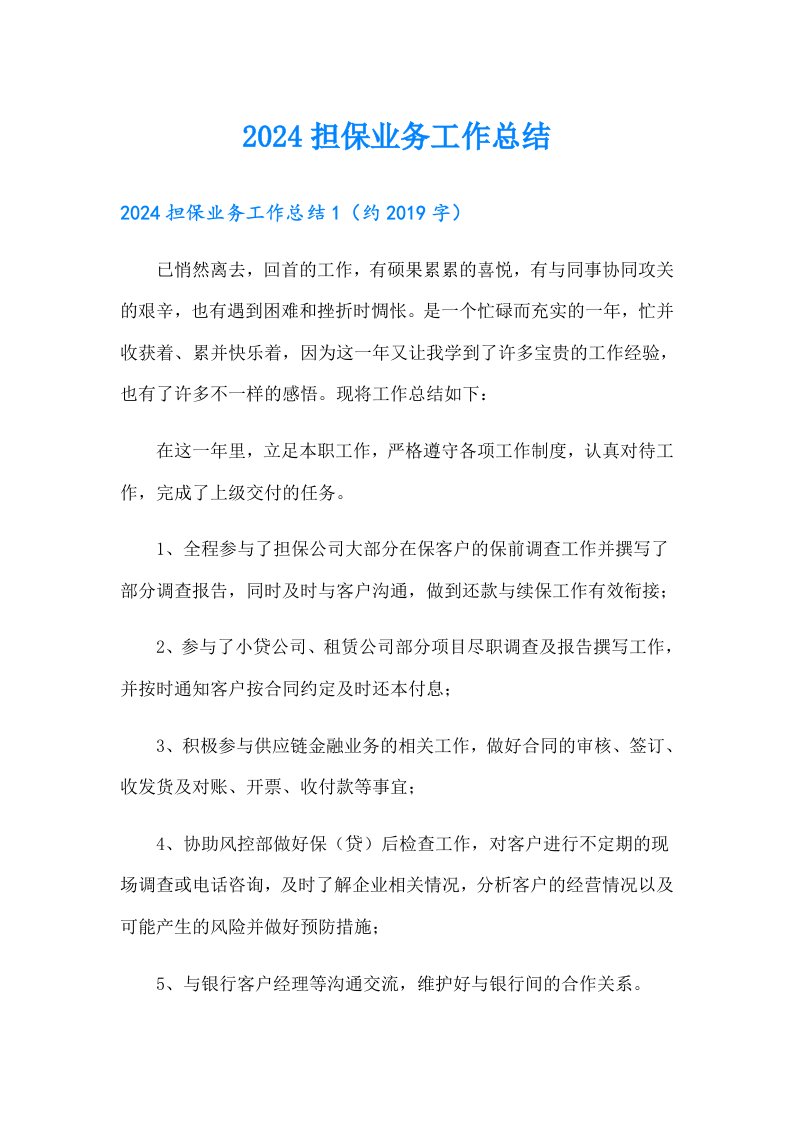 2024担保业务工作总结