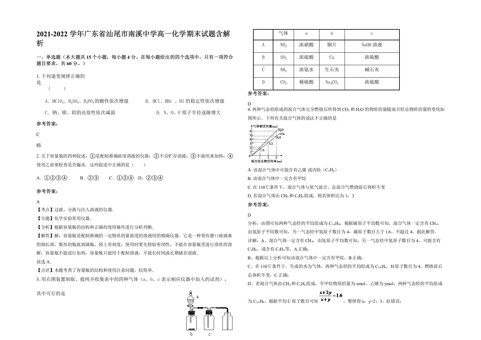 2021-2022学年广东省汕尾市南溪中学高一化学期末试题含解析