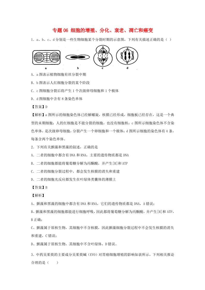 全国卷2020_2021学年高考生物精鸭点突破专题06细胞的增殖分化衰老凋亡和癌变含解析