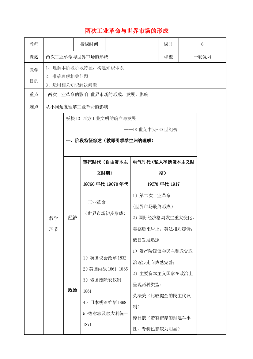 高中历史上学期第2周《两次工业革命与世界市场的形成》教学设计-人教版高中全册历史教案