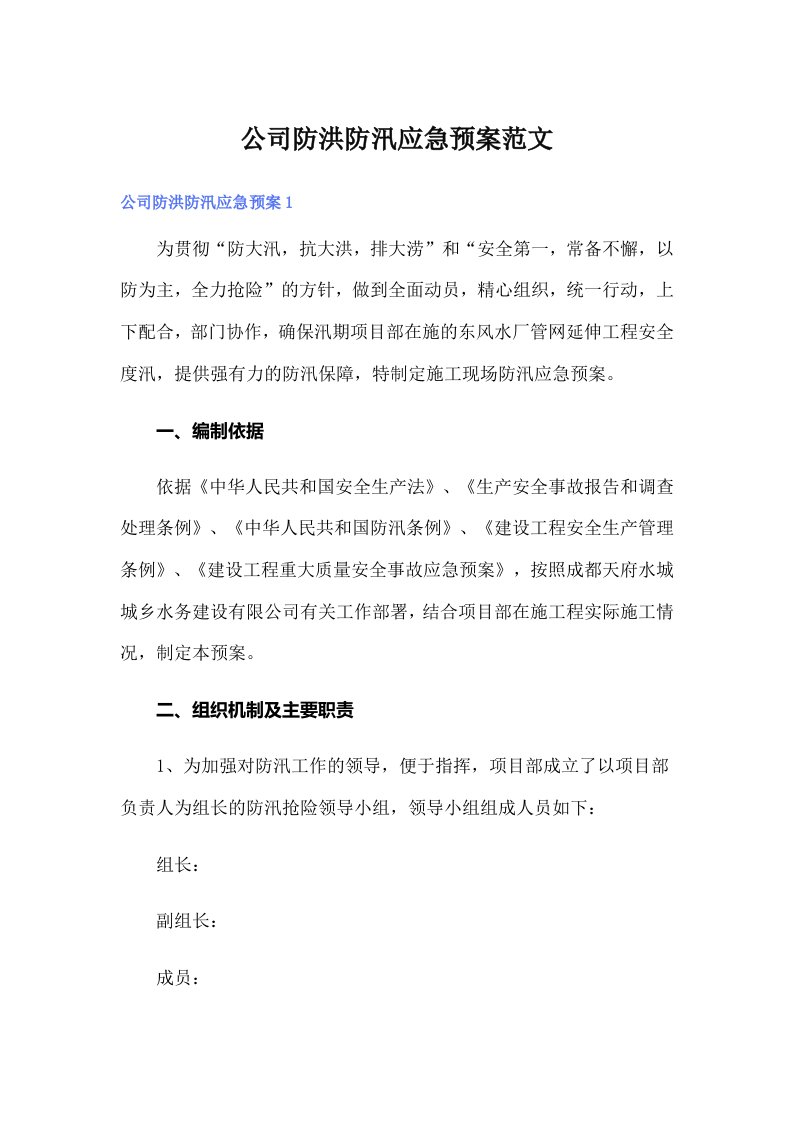 公司防洪防汛应急预案范文