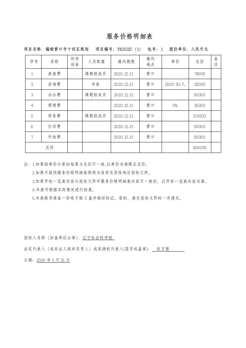 服务价格明细表