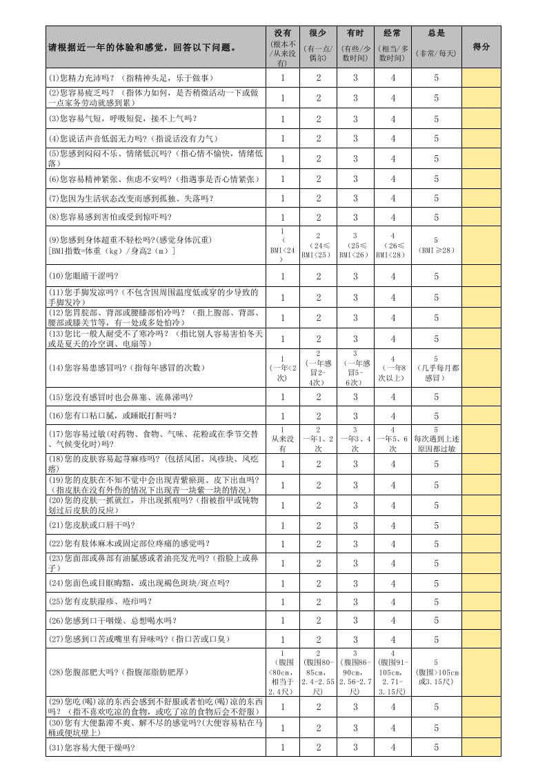 中医体质辨识计算表