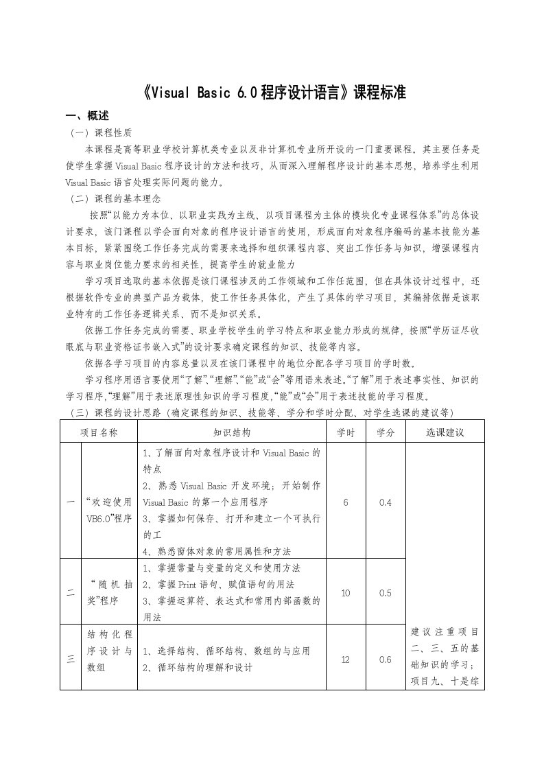 《VisualBasic60程序设计语言》课程标准