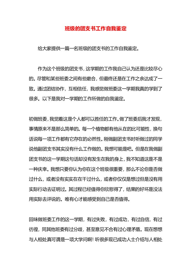 班级的团支书工作自我鉴定