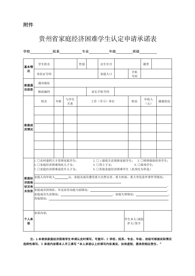 贵州省家庭经济困难学生认定申请承诺表