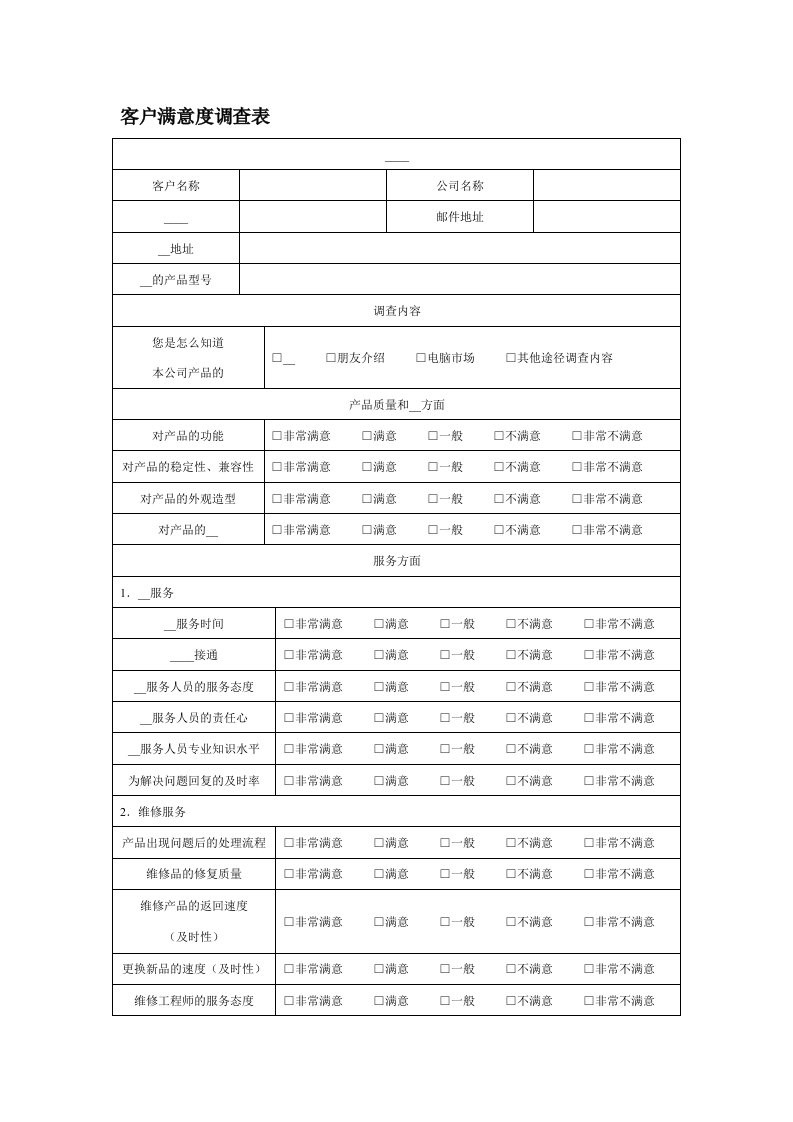 【营销客户管理】客户满意度调查表