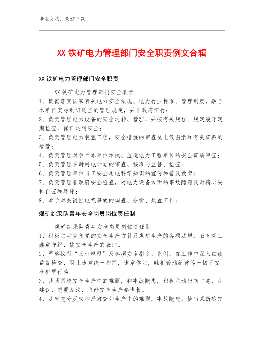 XX铁矿电力管理部门安全职责例文合辑