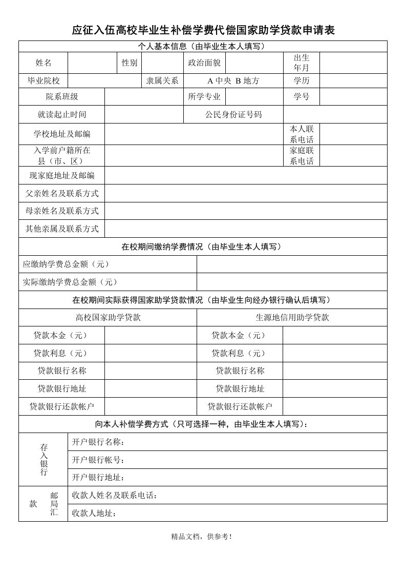 大学生应征入伍学费补偿申请表