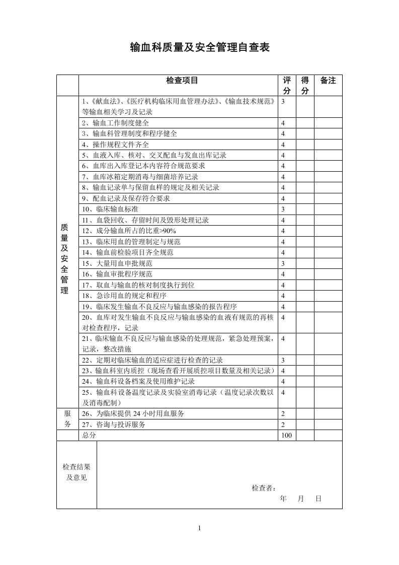 输血科质量及安全管理自查表