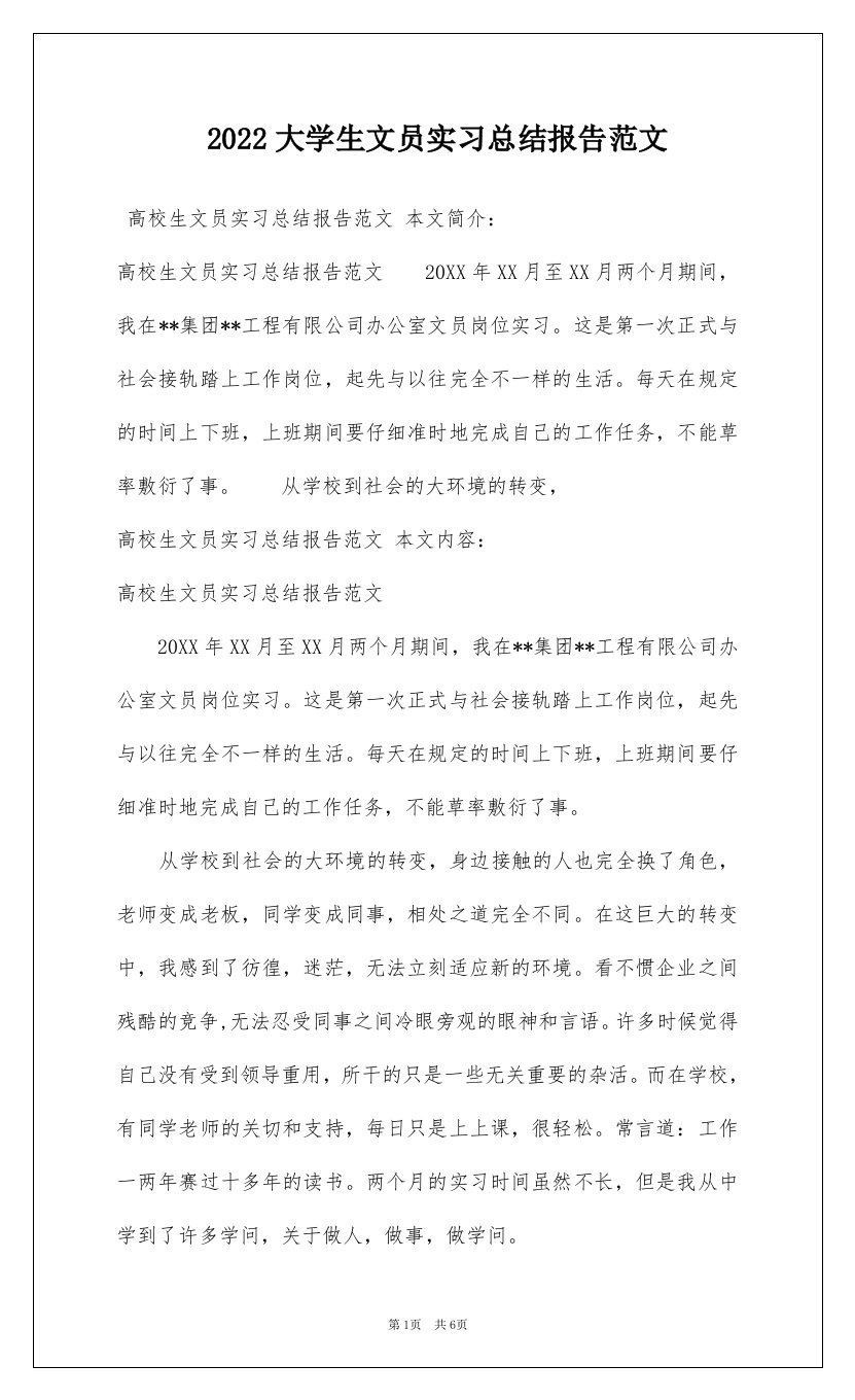 2022大学生文员实习总结报告范文