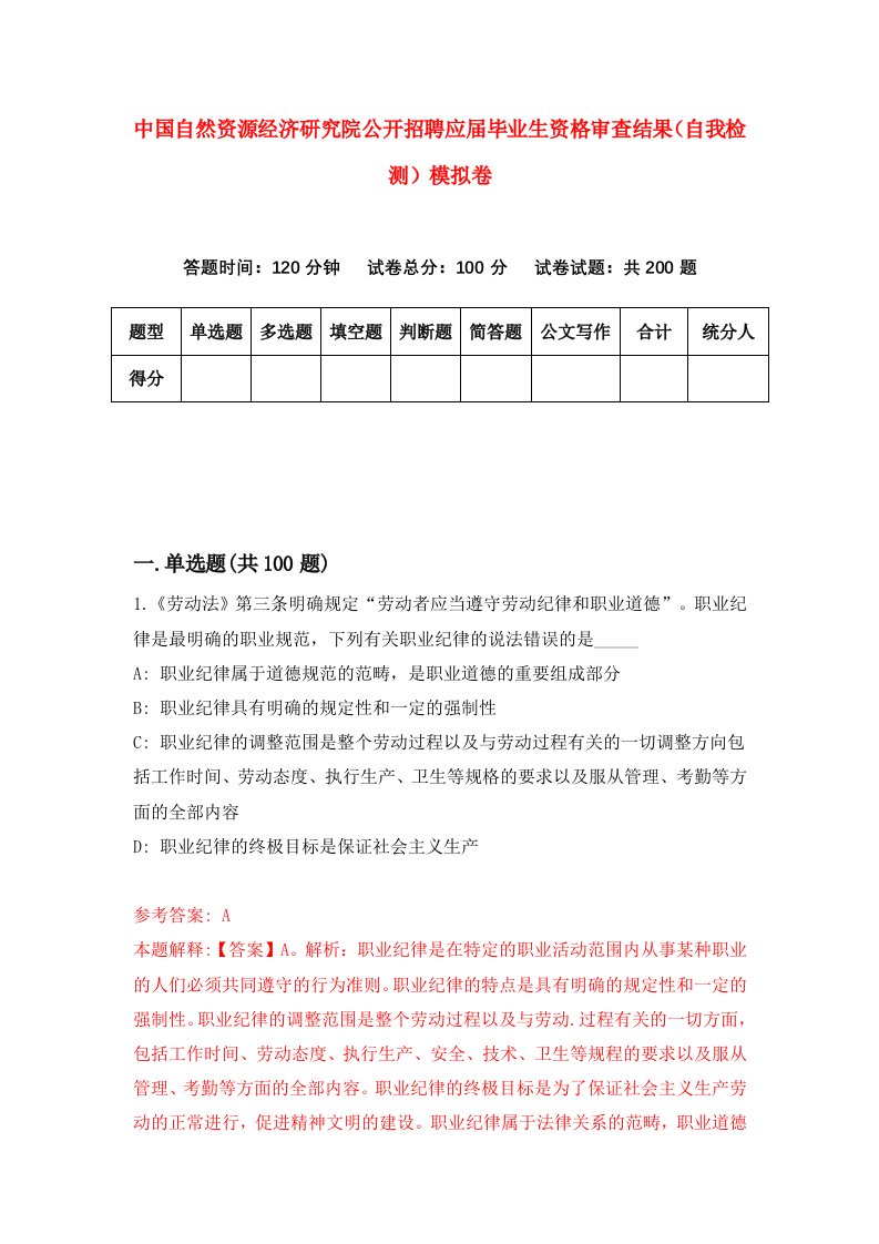 中国自然资源经济研究院公开招聘应届毕业生资格审查结果自我检测模拟卷0