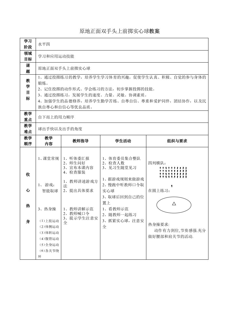 原地正面双手头上前掷实心球教案