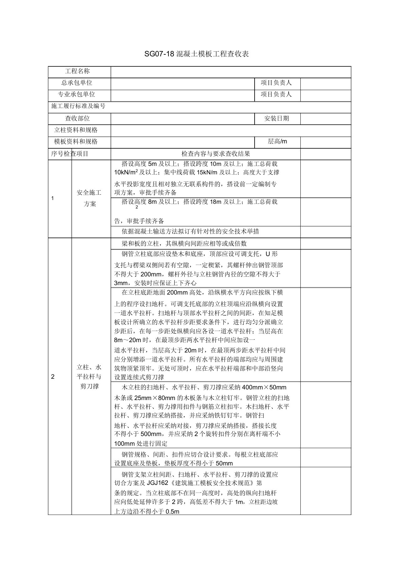 混凝土模板工程验收表