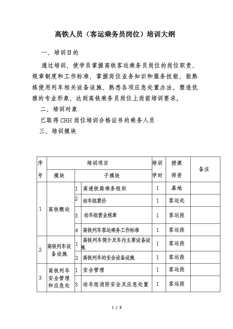 高铁乘务人员培训大纲