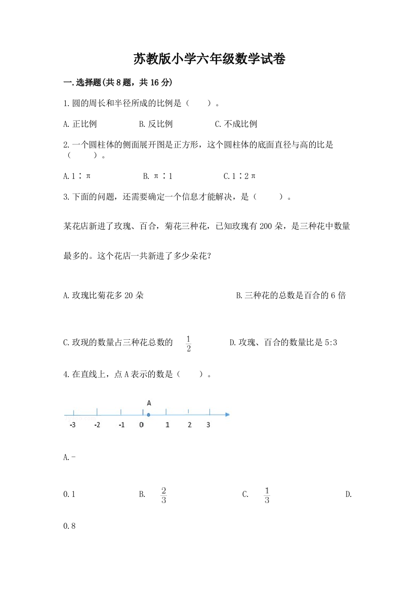 苏教版小学六年级数学试卷（完整版）word版