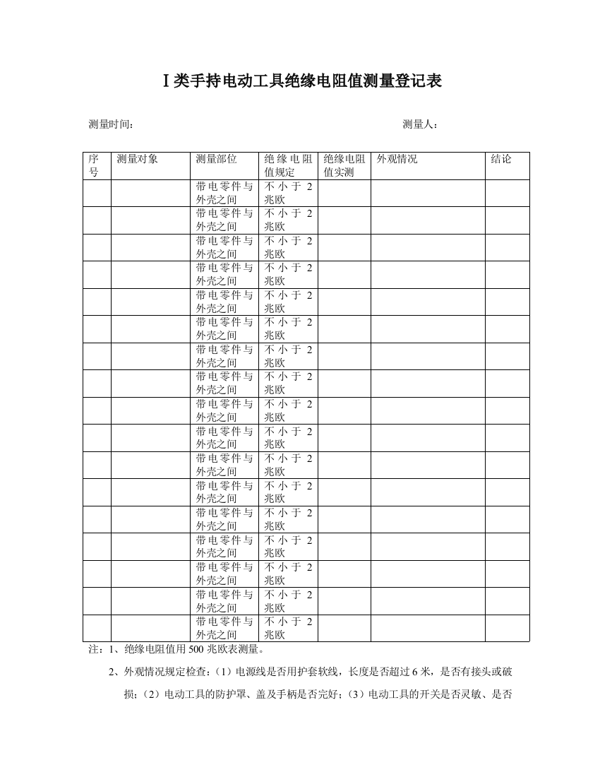 手持电动工具绝缘电阻值测量记录表