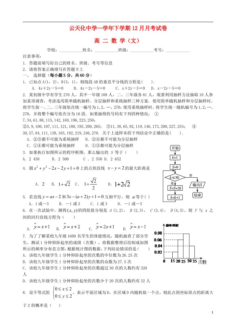 云南省云天化中学高二数学12月月考试题