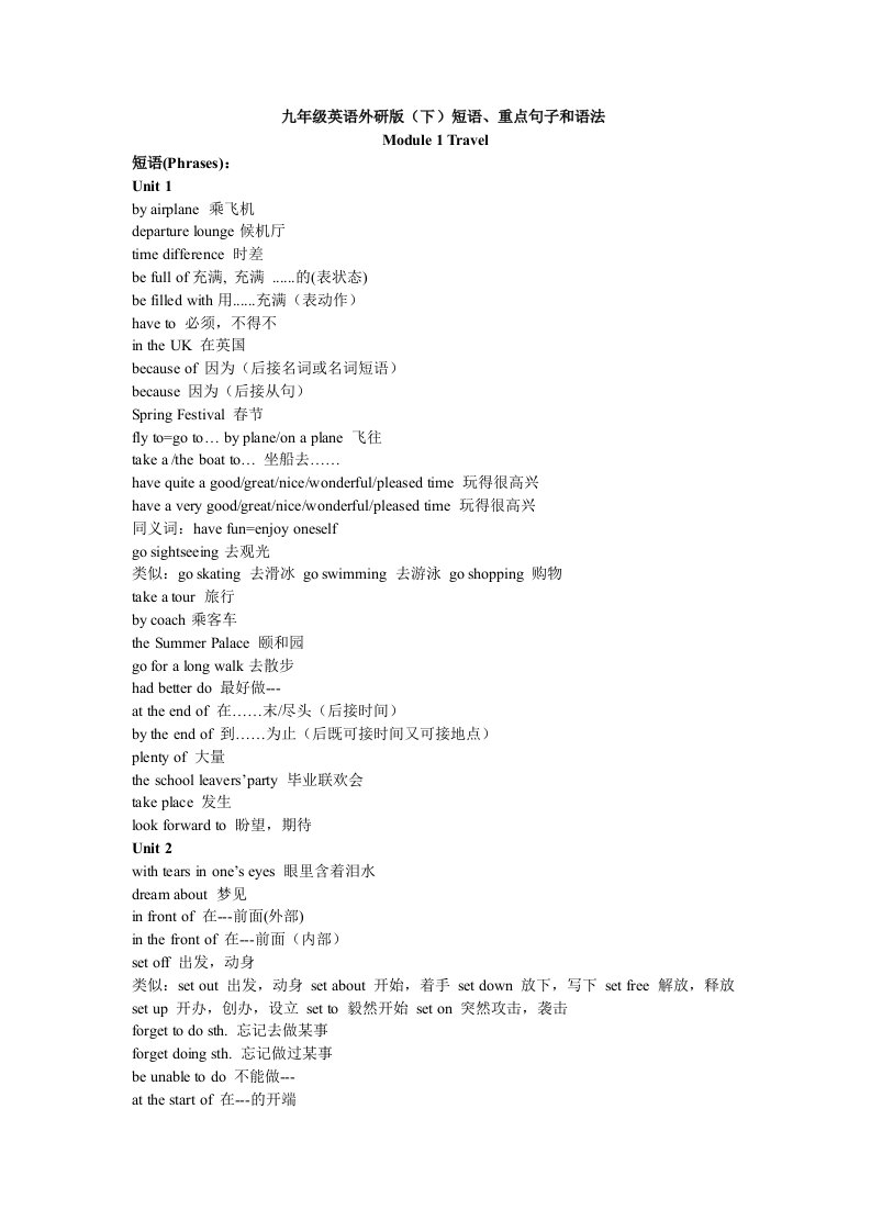 九年级下各模块重点短语、句型