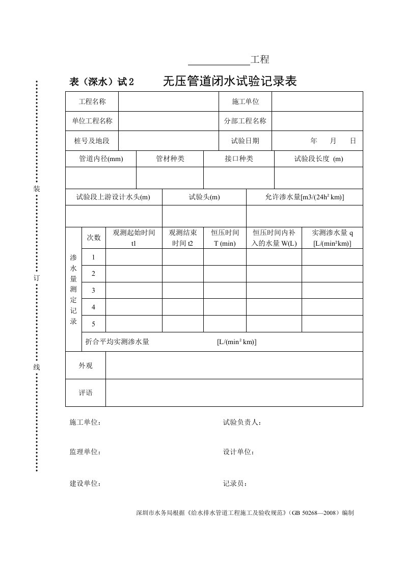 工程资料-表深水试2管道闭水试验记录表