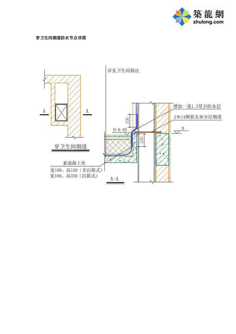 穿卫生间烟道防水节点详图