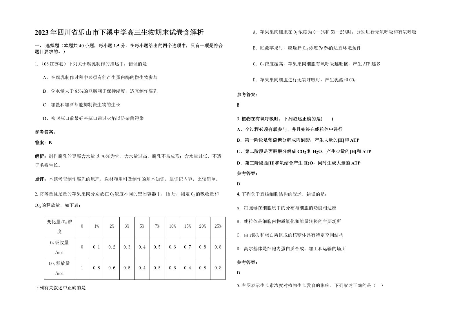 2023年四川省乐山市下溪中学高三生物期末试卷含解析