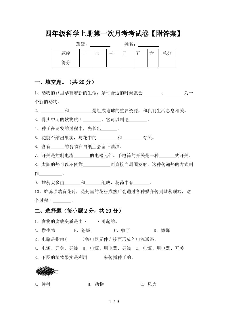 四年级科学上册第一次月考考试卷附答案