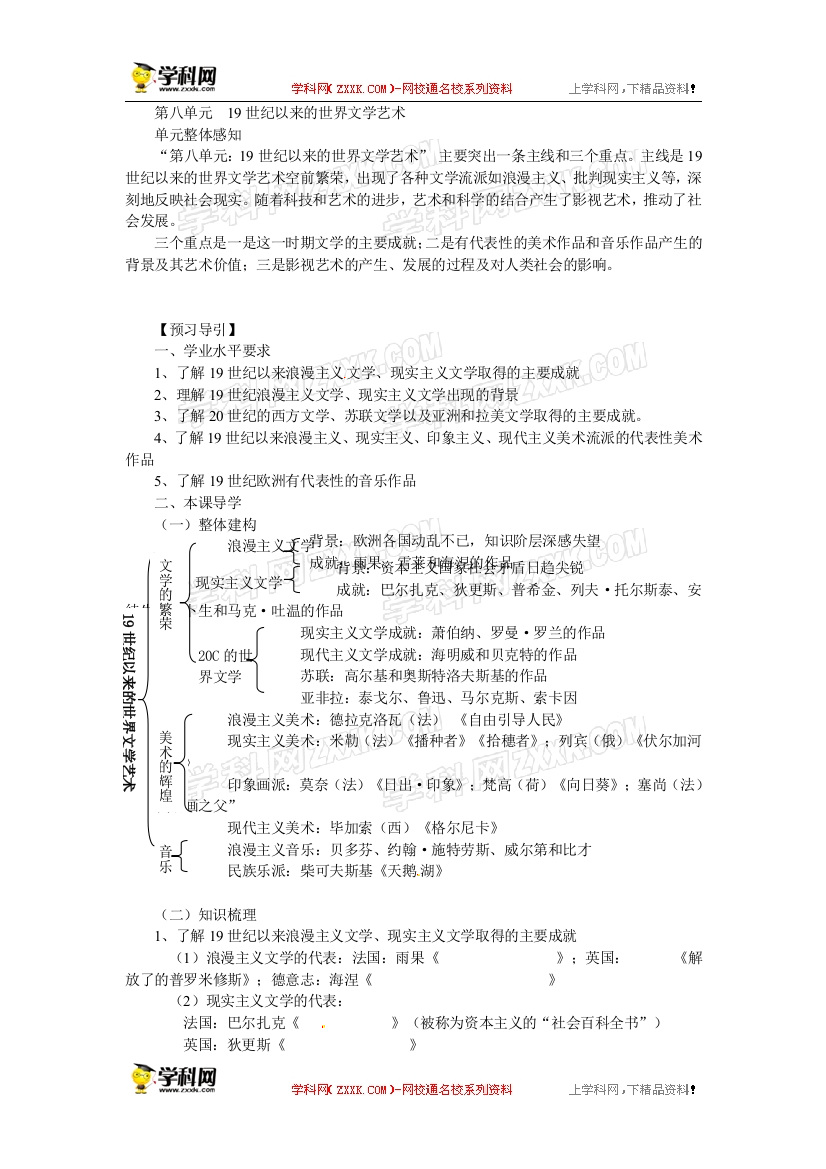 【快乐学案】人教版高中历史必修三全册学案：第八单元：19世纪以来的世界文学艺术