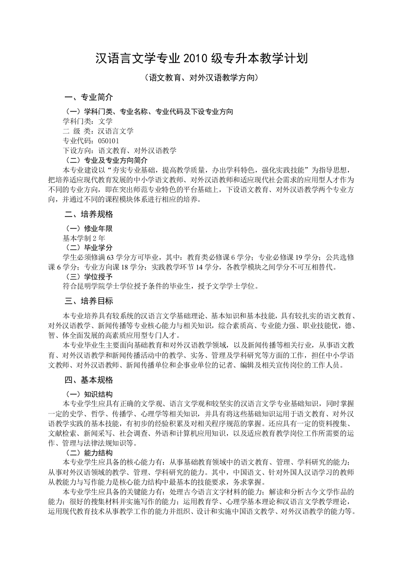 汉语言文学专业2010级专升本教学计划