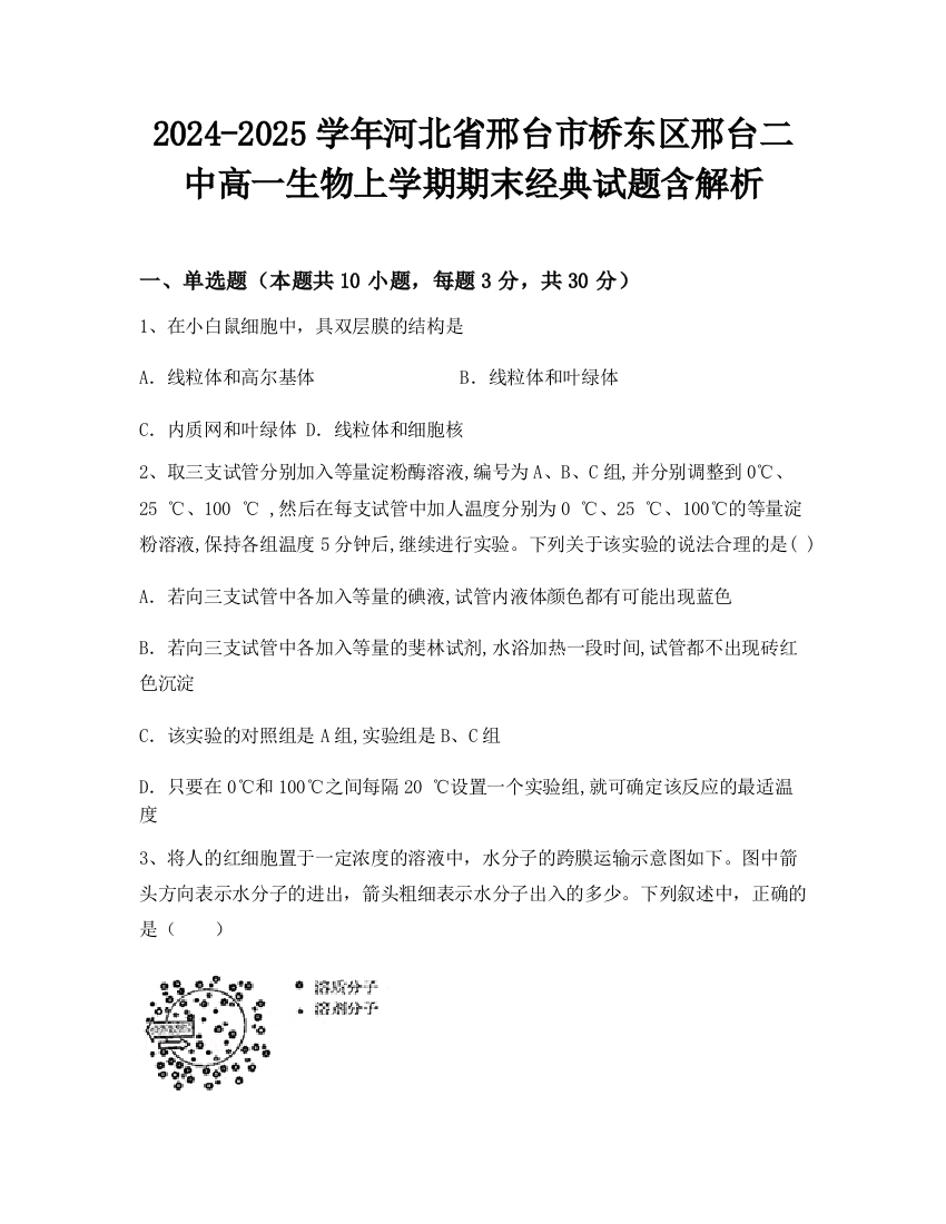 2024-2025学年河北省邢台市桥东区邢台二中高一生物上学期期末经典试题含解析