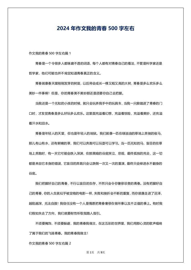 2024年作文我的青春500字左右