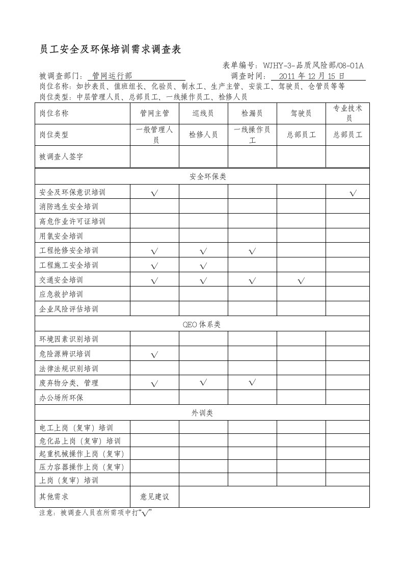 员工安全及环保培训需求调查表