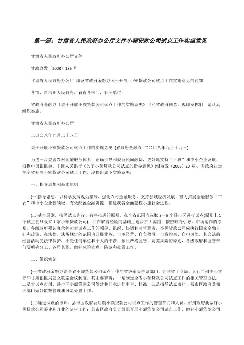 甘肃省人民政府办公厅文件小额贷款公司试点工作实施意见[修改版]