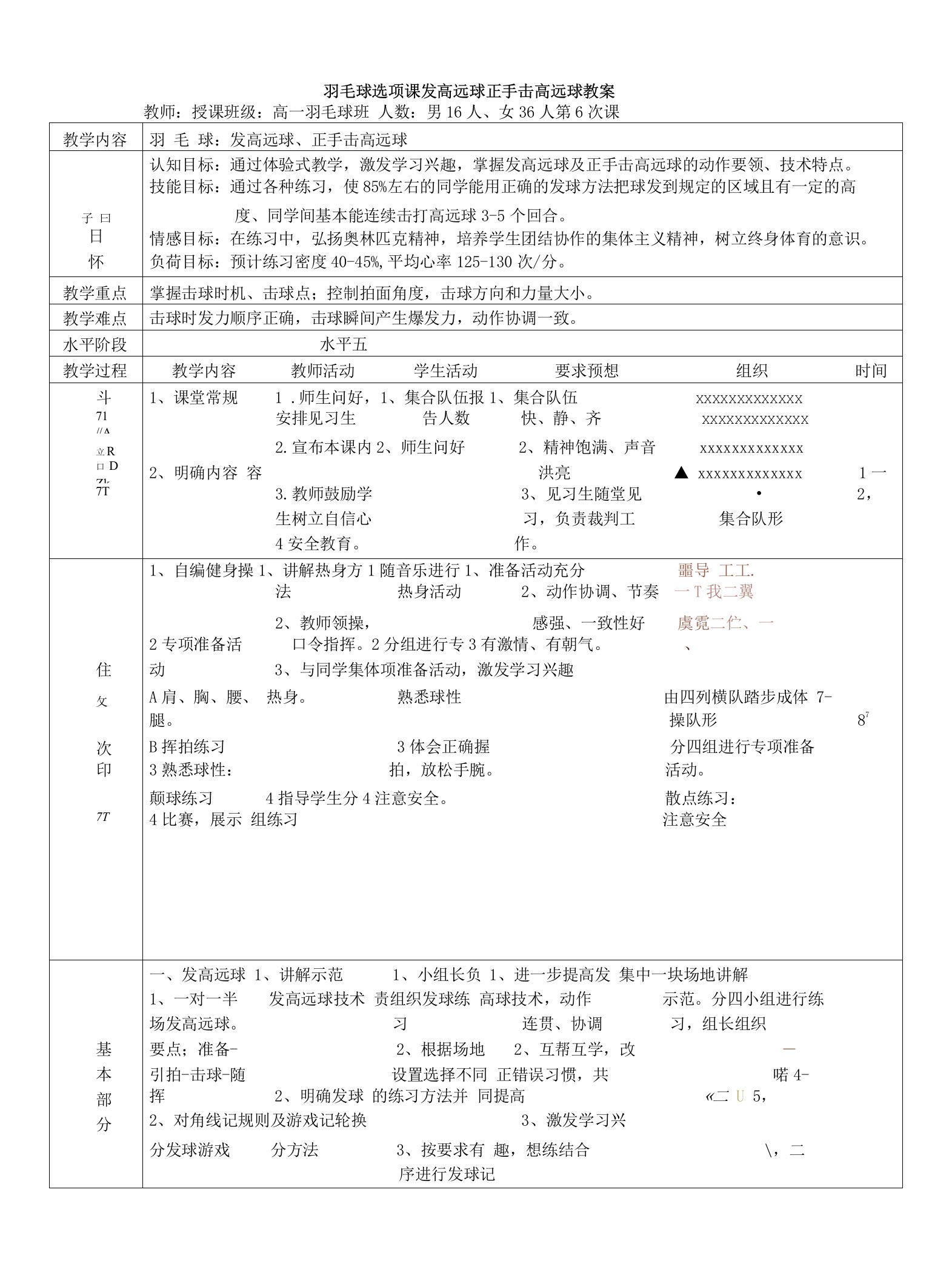 羽毛球选项课发高远球正手击高远球教案