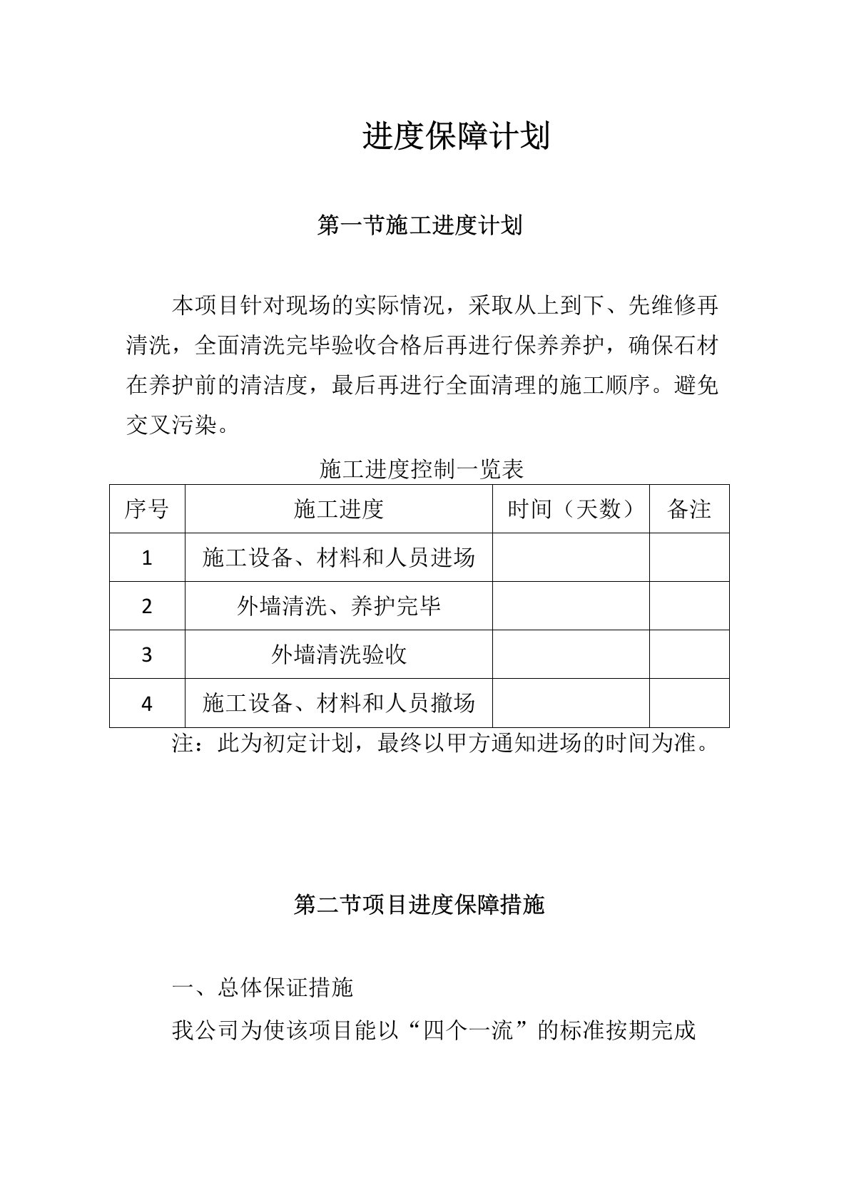 外墙清洗服务工程项目进度保障计划