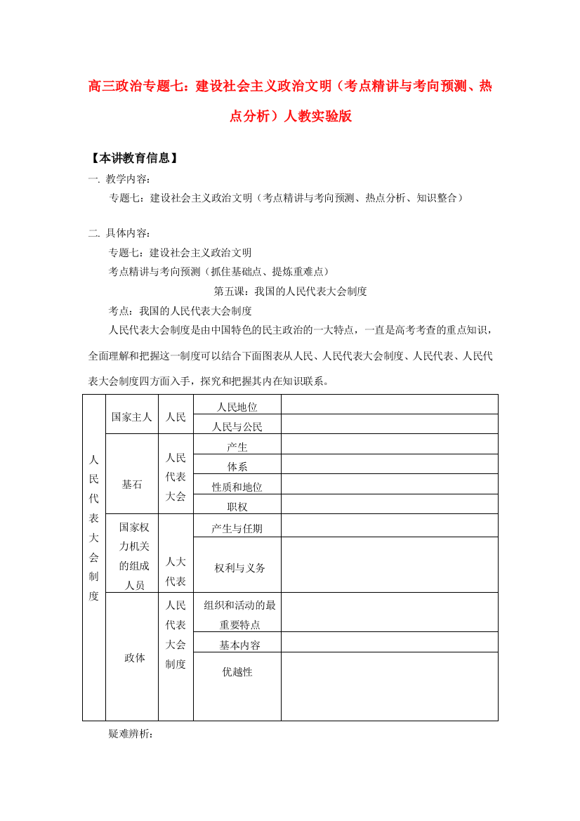 高三政治专题七：建设社会主义政治文明（考点精讲与考向预测、热点分析）人教实验版知识精讲