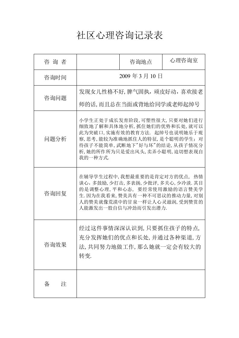 社区未成年人心理咨询记录表