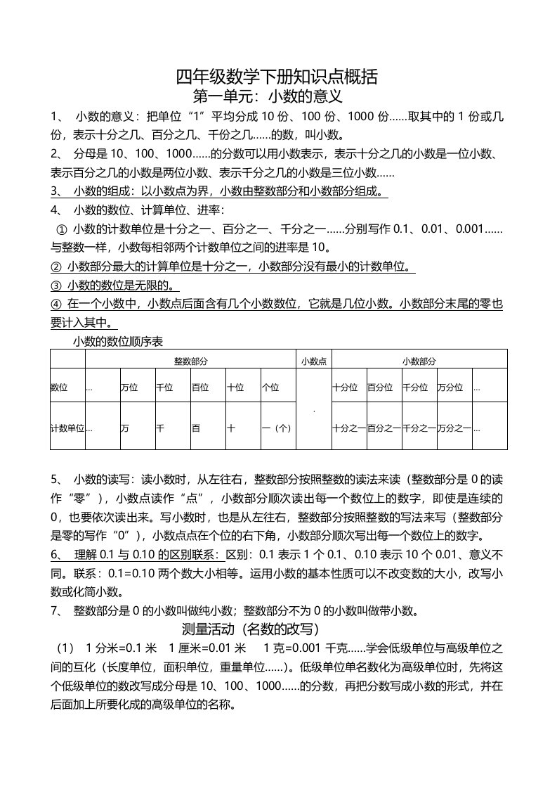 北师大版四年级数学下册知识点概括