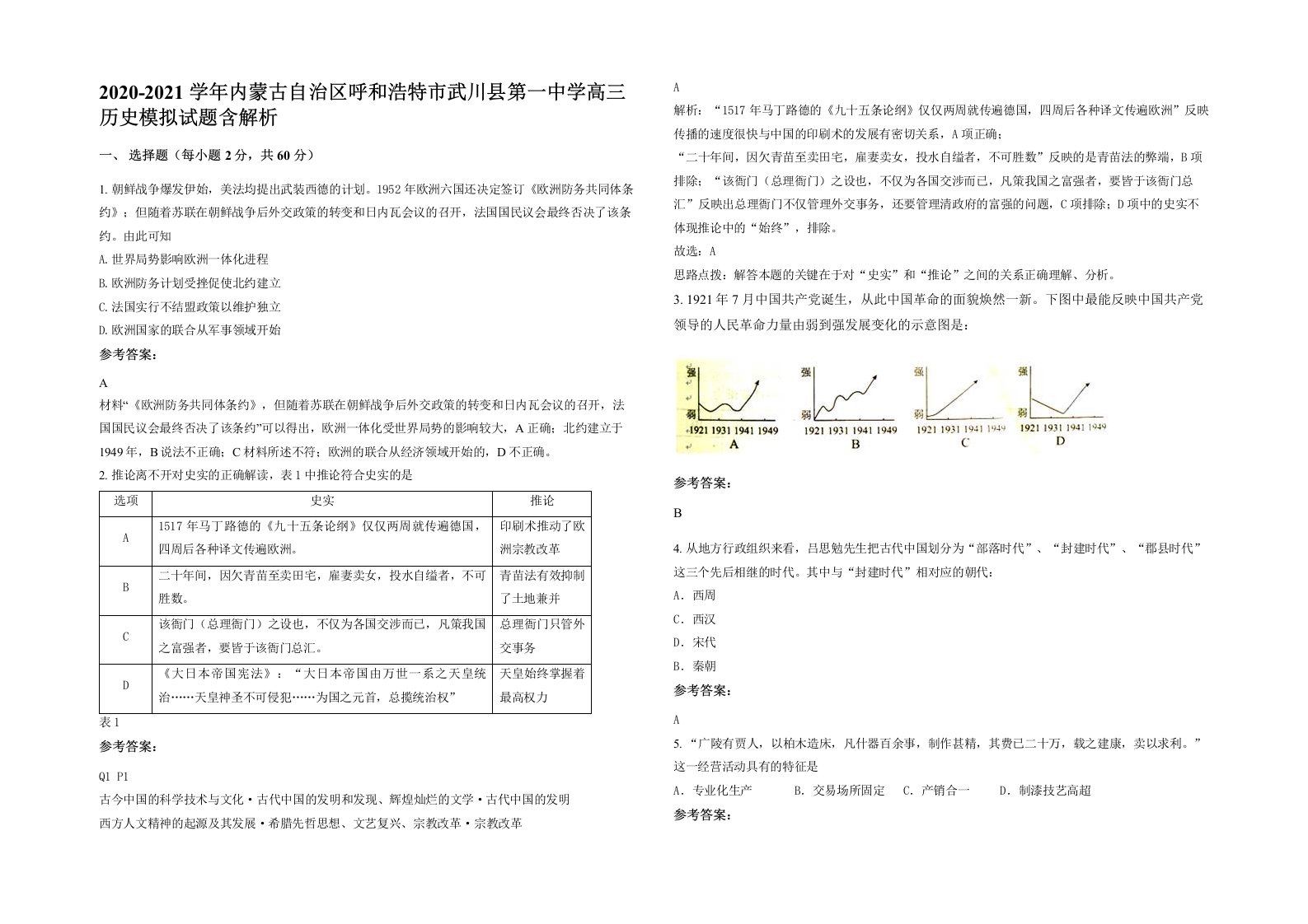 2020-2021学年内蒙古自治区呼和浩特市武川县第一中学高三历史模拟试题含解析