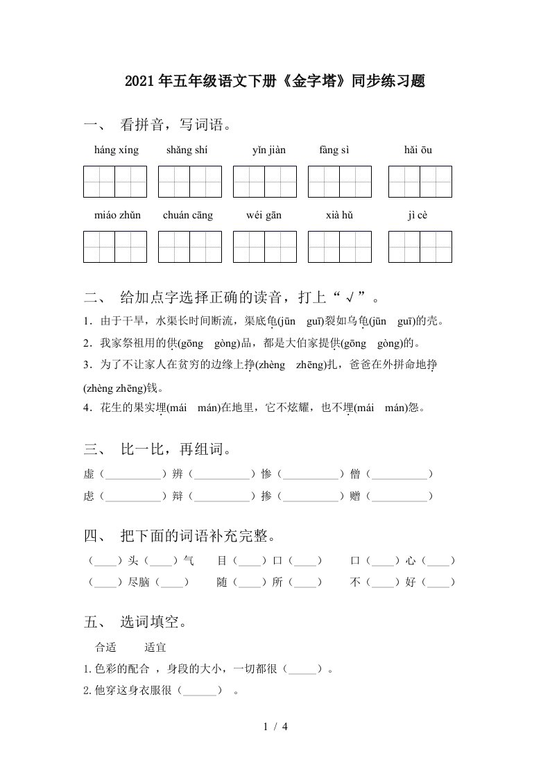 2021年五年级语文下册金字塔同步练习题