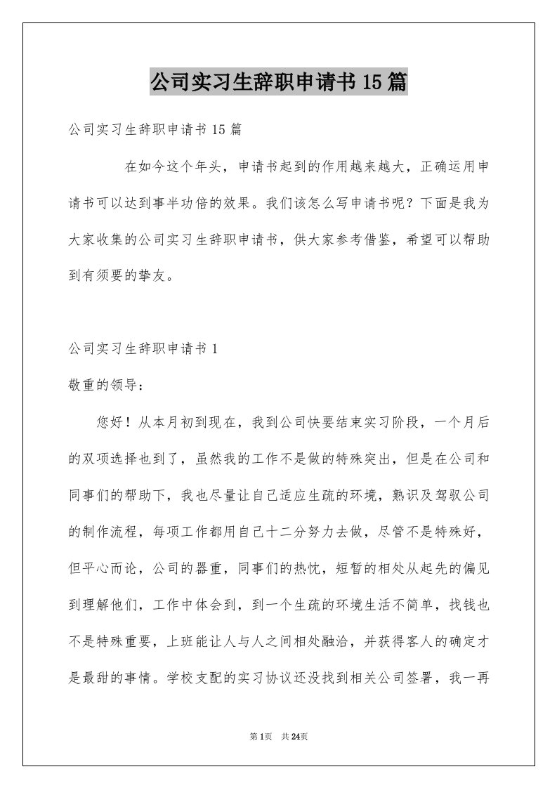 公司实习生辞职申请书15篇例文