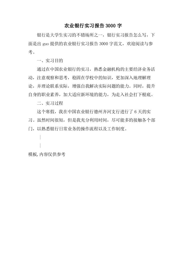 农业银行实习报告3000字